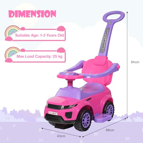 DREAMADE 3-in-1 Kinderfahrzeug, Rutschauto mit Sicherheitsbügel, abnehmbarem Schiebestange, Lichter, Musik & Hupe, 89 x 43 x 84cm Rutscherfahrzeug für Kinder ab 18 Monate (Rosa) – Bild 6