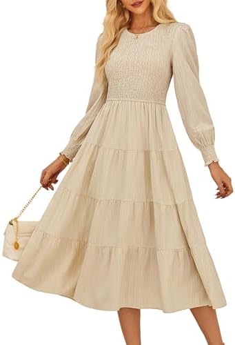 GRACE KARIN Women's Fall Long Sleeve Dresses, 2025 Wedding Guest Midi Dress, Smocked A Line Flowy Dresses with Pockets
