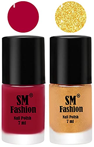 Image of Long Lasting Nail Polish | Nail Paint Combo 7 ml Each) - Set of 2 Dark Magenta-Light Golden