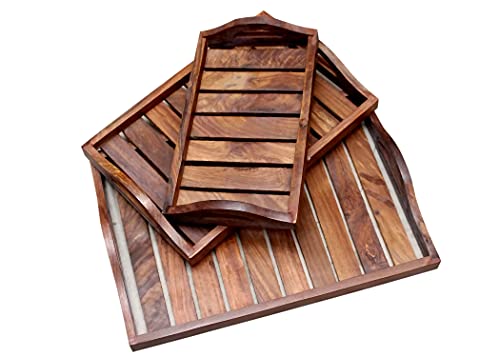 VDIX Wooden Tray for Decoration, Dining Room Table Wooden Tray for Serving, Dining Table Organizer, Serving Tray, Centre Table Decor for Home Kitchen (Rectangular Round Handle Set -3)