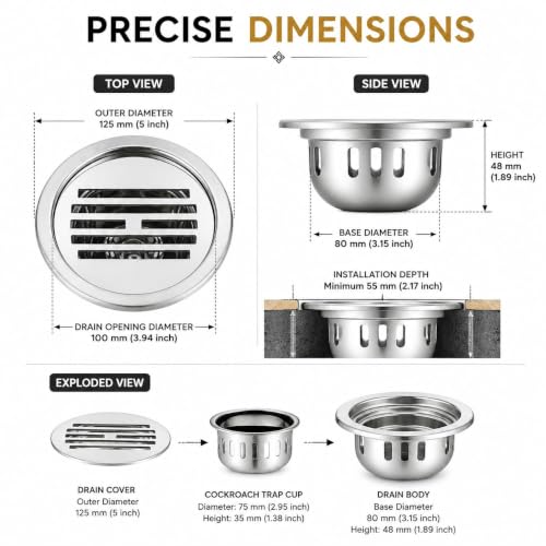Image of Classic Round Floor Drainer 5 x 5 Inch 304 Grade Stainless Steel Floor Drain Cover Jali with Cockroach Trap Glossy Rust Resistant Drain Strainer for Bathroom Kitchen Balcony Utility Area