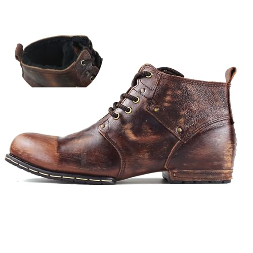 Image of OSSTONE Moto Boots for Men Fashion lace-up Leather Chukka Boots Casual Shoes OS-6015-2-retro-brown-US-R
