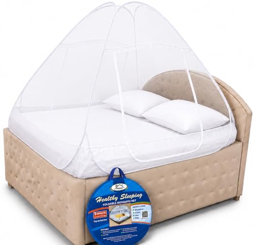 Image of Healthy Sleeping Mosquito Net | Double Bed | Supreme King Size Bed | Foldable Machardani with 2 Side Zipper Opening | Strong 30GSM Polyester Net | PVC Coated Steel Wire (White)