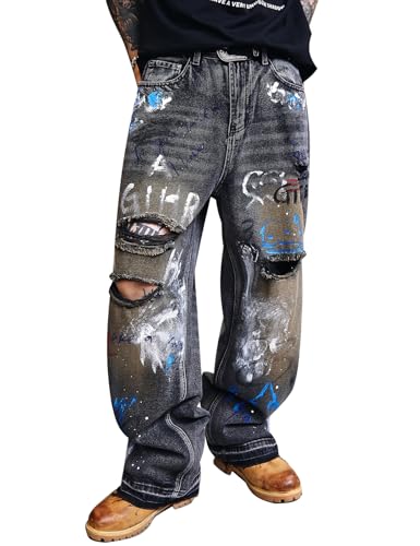Men Graffiti Painted Baggy Ripped Denim Jeans