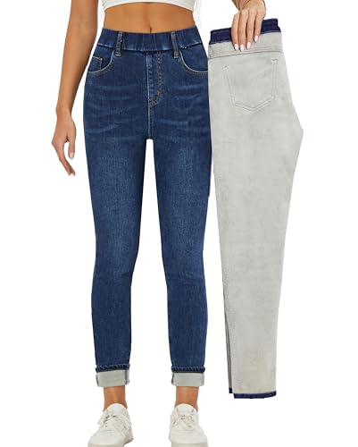 heipeiwa Women's Fleece Lined Winter Thermal Elastic Waist Jeans Stretch Warm Skinny Denim Pants