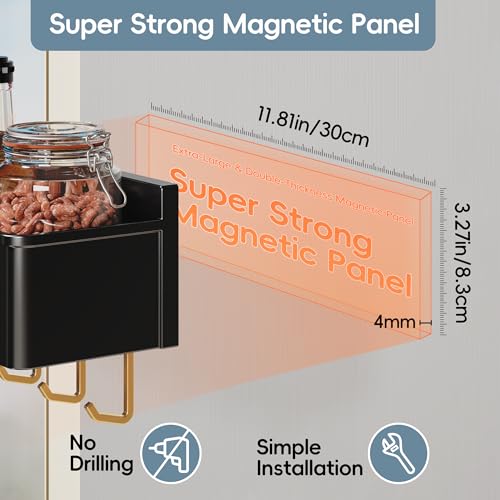 Image of Magnetic Spice Rack for Refrigerator Large Magnet Shelf for Fridge Kitchen Organizer and Storage with 5 Removable Golden Hooks