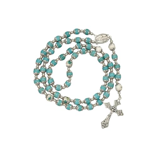 Intercession Catholic Prayer Rosary, Turquoise Beads with Silver Crucifix, Decorative Floral Our Father Beads
