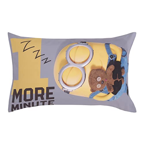 Image of Illimuniation Lazy Minions Club Gray, Blue, Yellow, and White Let Me Sleep 4 Piece Toddler Bed Set - Comforter, Fitted Bottom Sheet, Flat Top Sheet, and Reversible Pillowcase