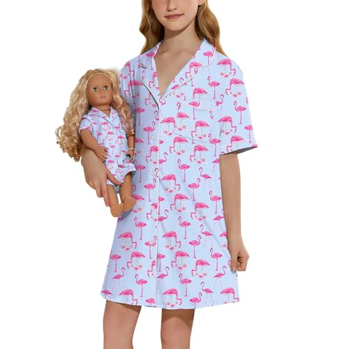 QPANCY Matching Girls&Dolls Nightgowns Flamingo Short Sleeve Pajamas American Girl 18 inch Doll Night Dresses Button Down Princess Cotton Sleepwear Size 6 7