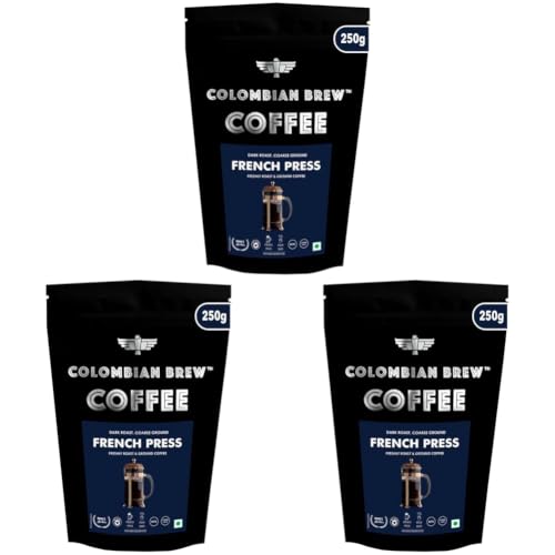 Image of Colombian Brew Arabica French Press Coffee Powder, Dark Roast Strong, 250g Pouch (Pack of 3)