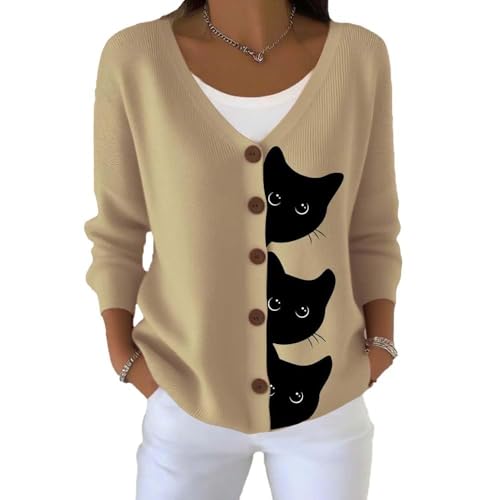 Women's Halloween Black Cat Print Cardigan Sweater Autumn Cute Black Cat Print Casual Sweatshirt Tops