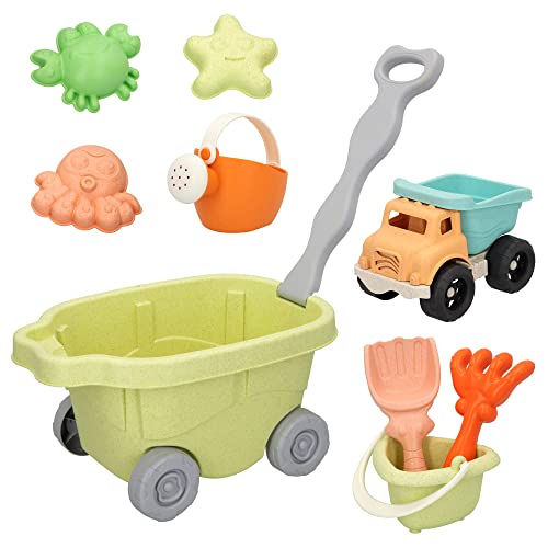 COLORBABY Juguetes de playa Biodegradables y Sostenibles, Incluye 9 accesorios, carretilla para niños, pala playa, rastrillo, cubo playa niños, regadera, 3 figuritas, Juguetes playa niños (49481)