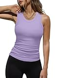 Dokotoo Womens Ladies Athletic Basic Ribbed Thick Strap Low Cut Solid Color Tight Slimming Fitted Sleeveless Shirts Sports Workout Long Tank Tops for Women Activewear Tops Purple S