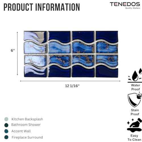 Tenedos Wave Sea Cobalt Blue With Calacatta Gold Porcelain Lineup Border Pool Wall Tile On 6X12 Mesh For Easy Installation thumb #1