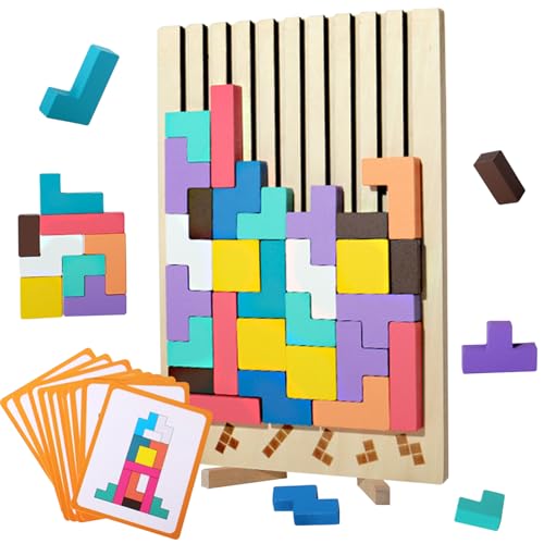 Brinquedo de quebra-cabeças empilhável da Madeira, jogo Tetris Montessori 3D de blocos russos com 10 cartões, jogo colorido de Tetris para adultos e crianças