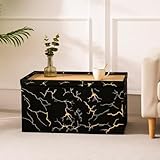 Luxury Foli Print Ottoman Storage Box with Wooden Tea Table Top Foldable Ottoman Storage Bench Seat for Living Room, Bedroom & Hallway Multipurpose Footstool & Marble Design 76×38 ×38cm (Black)