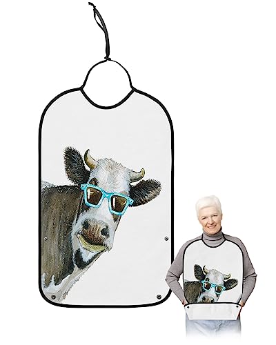 YOUNGKIDS Funny Animal Adult Bibs for Eating, Waterproof Washable Adult Bib for Elderly Women Man, Cow Wear Sunglasses Reusable Clothing Protector with Detachable Crumb Catcher - Unisex
