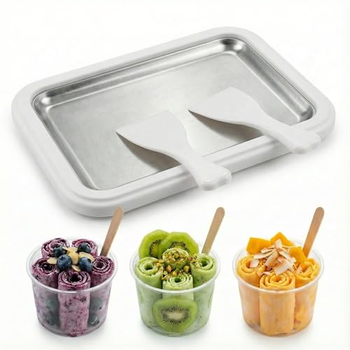 Rolled Ice Cream Maker Machine, Ice Cream Tray and Ice Cream Roller, Homemade Ice Cream Maker for Family, Manual Frozen Dessert Ice Cream Tray for Rolled Ice Cream and Yogurt (White)