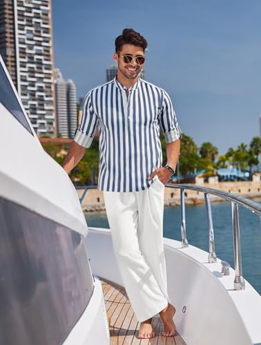 COOFANDY Men's 2 Pieces Cotton Linen Set Long Sleeve Henley Shirts Casual Beach Pants With Pockets Summer Yoga Outfits2