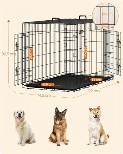 Miniatura 4 de Feandrea Jaula para Perros Plegable con 2 Puertas, Bandeja Extraíble, 122 x 74,5 x 80,5 cm, XXL, Negro PPD48H