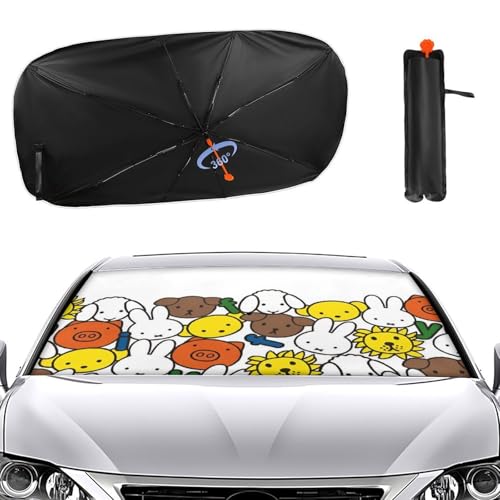 ミッフィー サンシェード 車 フロント 折り畳み傘型 車用サンシェード カーサンシェード 折り畳み傘型 日除け 取り付け簡単 遮光 遮熱 収納バッグ付き 133cmx73cm
