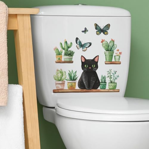 Vinilo Decorativo Gato Negro con Cactus y Mariposas miniatura 6