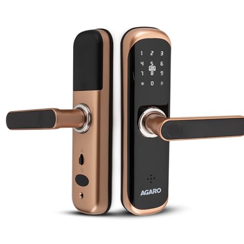 Image of AGARO Grand Smart Door Lock with Handle, Auto Lock, Unlock with Finger Print /RFID Card /PIN Access /App with Bluetooth /Manual Key Access, Digital Door Lock, Anti-Theft Lock, Home Safety, Rose Gold
