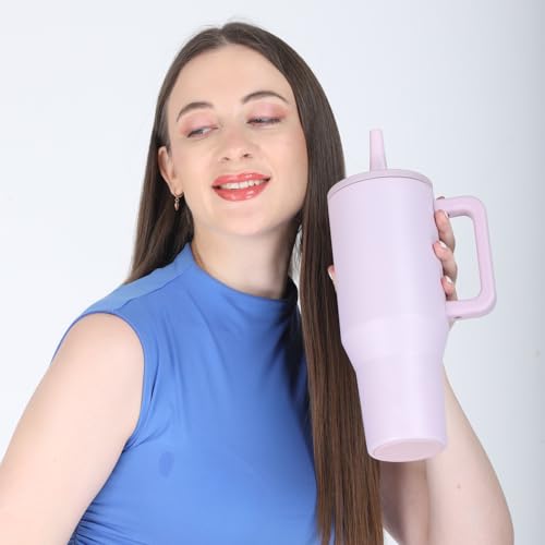 Image of House of Quirk 1200ML Tumbler with Handle & Simple Flip Straw - Car Cup Holder Friendly, Leak Resistant Stainless Steel Water Bottle with Rubber Base (Powder Pink)
