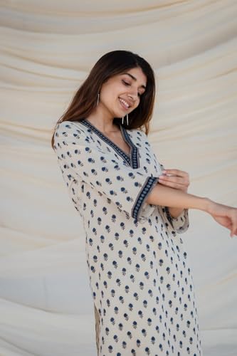 Image of Women's Viscose Rayon Printed A-Line Kurta - 3 /4 Sleeve Ethnic Tunic for Casual Long Kurta 1061