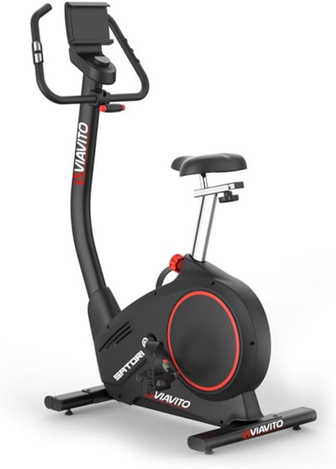 Upright Exercise Bike Satori Smooth Silent Stationary Home Gym Cardio Workout Indoor Cycling Fitness Machine, 32 Levels of Adjustable Magnetic Resistance, LED Display, Pulse Sensors, w/Wheels