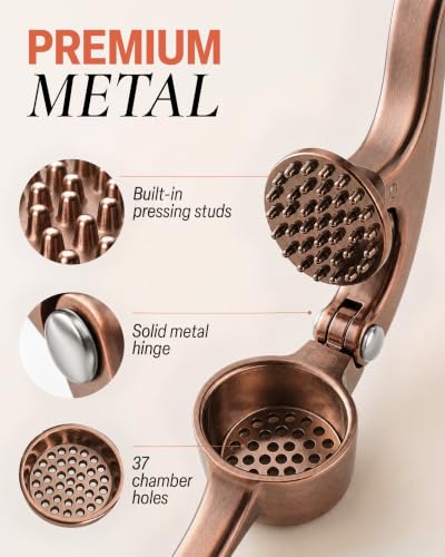 Image of Zulay Kitchen Premium Garlic Press Set - Rust Proof Professional Garlic Mincer Tool - Easy-Squeeze, Easy-Clean with Soft, Ergonomic Handle - Silicone Garlic Peeler & Brush (Copper)
