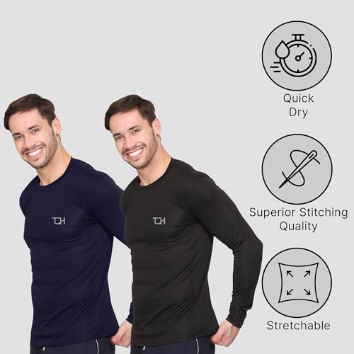 Image of TQH Full Sleeve T Shirt for Men | Pack of 2 T-Shirt for Man Full Sleeve | Gym Workout | Men's Tshirts | Slim Fit Polyester Round Neck Solid Sports T-Shirts for Running Training Casual Wear