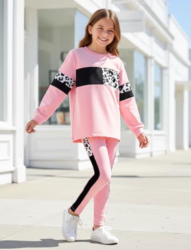 Image of PATPAT Girls Clothes Size 7-8 Years, Girls Fall Outfits, Pink Leopard Color Block Sweatshirts + Pink Legggings 2 Piece Outfits Kids Clothing Sets Sweat Suit Tracksuit Set
