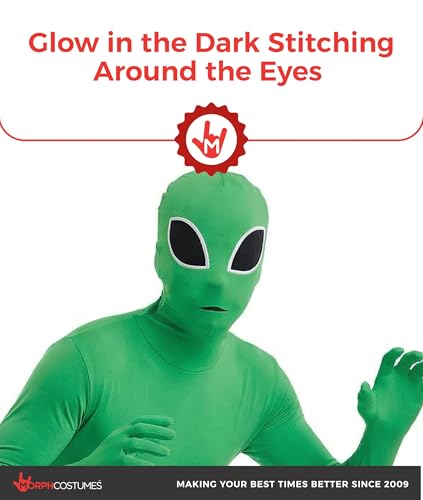 Morphsuits Przebranie Kosmity dla Dzieci - Zielony Kombinezon z Fluorescencyjnymi Detalami, Halloween, XL
