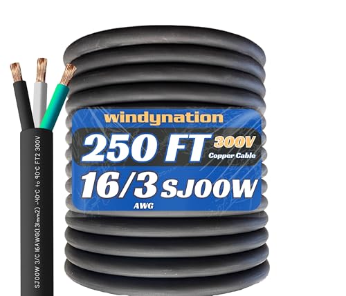 250 Feet 16/3 SJOOW Cable Cord 16 AWG 3 Conductor SO Wire - 16 Gauge 3 Conductor (16/3 Wire) 300V Portable Power Extension Cable for Motor Leads, Portable Lights, Battery Chargers