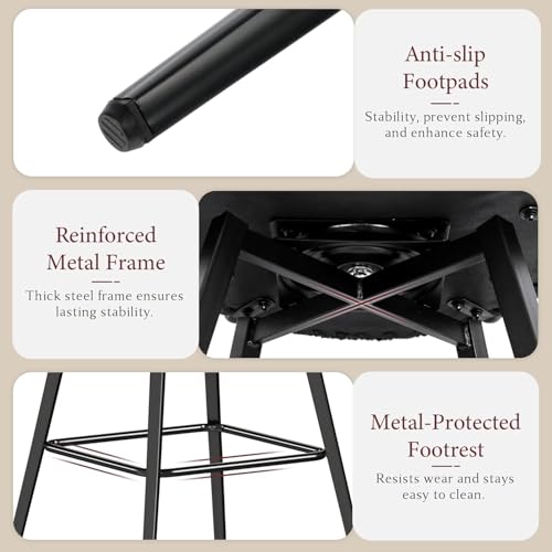 Image of STHOUYN 26 inch Black Swivel Bar Stools Set of 2, Modern Boucle Counter Height Bar Stools with High Back and Metal Legs, Upholstered Bar Chairs Barstools for Kitchen Island, Dining Room (2, Black)