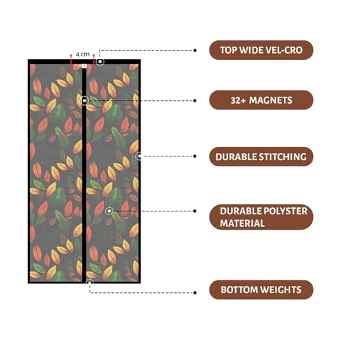 Image of TurtleGrip Polyester Magnetic Door Mosquito Net | Black Mesh with Multi-Colored Leaf Pattern Design | Auto-Closing Magnetic Door Curtain with Strong Magnets & Full Frame Hook & Loop | 195x80 cm
