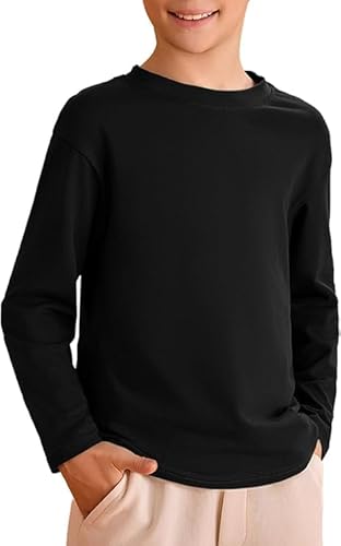 Haloumoning Camiseta para niño de manga larga, cuello redondo, monocolor, básica, de manga larga, tiempo libre, deporte, camisetas, Negro , 11-12 años