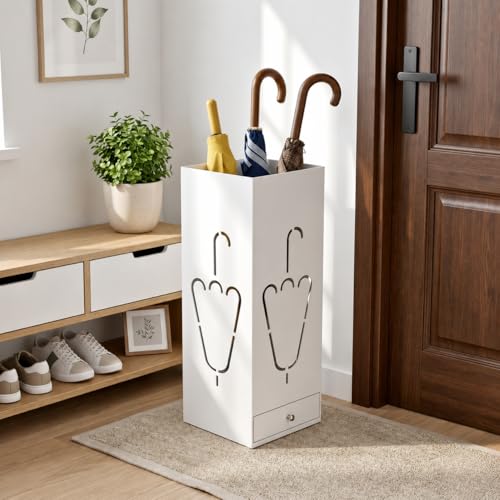Image of Decorlay Wrought Iron Umbrella Stand Holder (White) for Entryway, Modern Metal Umbrella Rack for Canes, Walking Sticks & Golf Clubs, Indoor Floor Organizer for Home, Office & Living Room