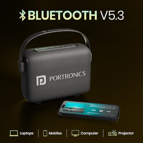 Image of Portronics Resonate 2 14W Portable Bluetooth Speaker with Wireless Karaoke Mic & LED Sunset Projection Lights, Upto 5 Hours Playtime, Bluetooth 5.3V, Handsfree Calling, Type C Fast Charging (Black)