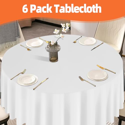 Image of tujol White 6 Pack Plastic Table Cloth 84 inch, Disposable Round Tablecloth Table Cover, Plastic Tablecloths for Parties