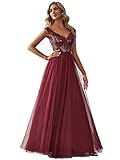 Ever-Pretty Women's Plus Size Sleeveless Tulle V-Neck Sparkle Long Ball Gowns Burgundy US16