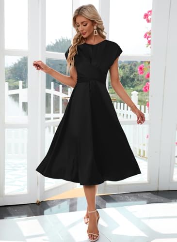 Image of Women's Summer Satin Dress Elegant A-Line Cap Sleeves Tie Waist Flowy Midi Dress Cocktail Wedding Guest Dress