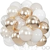 100pcs White and Gold Balloons - 12inch Sand White Metallic Champagne Gold Nude Pearl White & Clear Balloon for Baby showers, Wedding, Bachelorette, Graduation (with 66ft Ribbons)