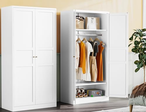 Metal-Wardrobe-Cabinet-with-Hanging-RodWhite-Armoire-Wardrobe-ClosetMetal-Clothing-Storage-Cabinet-with-Adjustable-Shelves-and-Doors72-Wardrobe-Storage-Cabinet-for-HomeLivingLaundry-Room Metal Wardrobe Cabinet with Hanging RodWhite Armoire Wardrobe ClosetMetal Clothing Storage Cabinet with Adjustable Shelves and Doors72 Wardrobe Storage Cabinet for HomeLivingLaundry Room