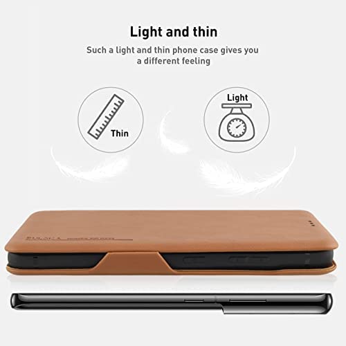 Image of PULOKA for Samsung Galaxy S22 Ultra - Sleek Flip Case - Premium Vegan Leather Phone Cover with Card Slot - Slim, Durable, Privacy Protection - Kickstand Function - Elegant Flip Wallet Cases - TAN