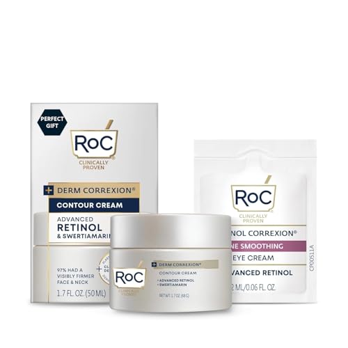 RoC Derm Correxion Neck Cream with Hyaluronic Acid + Advanced Retinol to visibly Tighten & Lift Horizontal Neck Lines, Facial Moisturizer to Contour Face (1.7 oz) with RoC Retinol Eye Packette