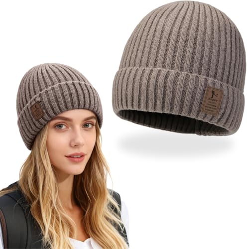 EJRUP Gorro Invierno Hombre y Mujer de Lana Merino, con Forro Polar,Invierno Termicos Gorro Beanie de Punto, Suave y Elástico, Gorro de Punto Grueso(Caqui claro)