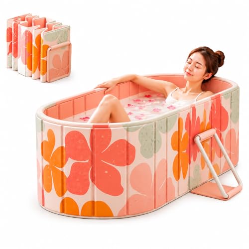 Image of Careopeta Large Bathtub for Adults Folding Portable Bath Tub, Pillow & Drain Hole - Hot & Cold Water Soaking Spa Tub for Home Bathroom (Orange)