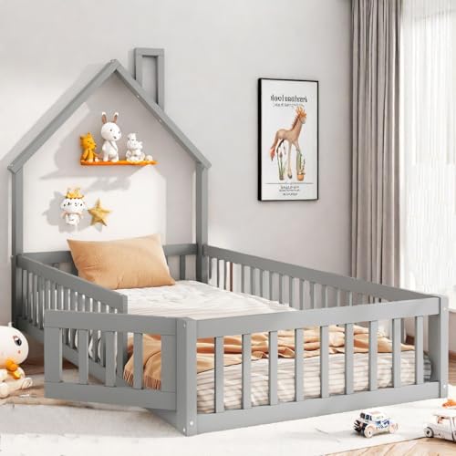 OOIILLEE Letto capanna per bambini 90 x 200, letto per bambini Montessori al pavimento con rete a doghe e barriere, in legno di pino, grigio